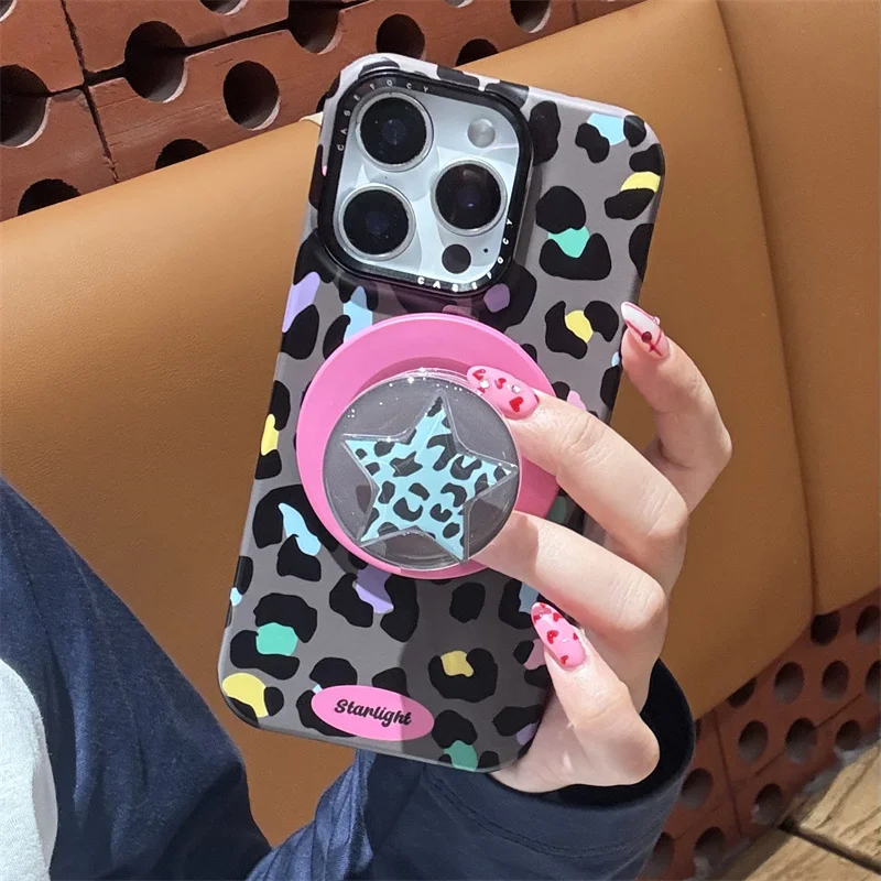 Fashion Color Leopard Print Magnetic Phone Case For iPhone 17 Pro 14 15 16 Pro Max Cover with Magsafe Star Stand Holder Cases