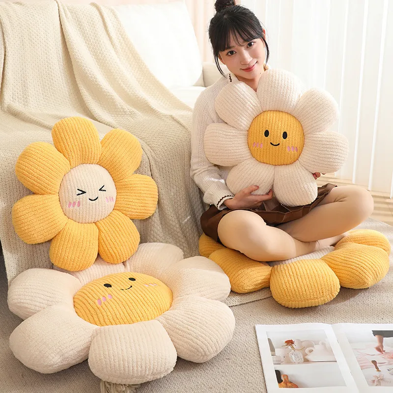 

45cm Sunflower Plant Plush Pillow Stuffed Eyes Closed Open Kawaii Emotion Face 7-petal Flower Seat Cushion Sofa Chair Bed Gift