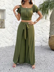 Fitaylor Summer Women Two Piece Sets Slash Neck Off Shoulder Tops and Wide-leg Trousers Casual Lady Suits