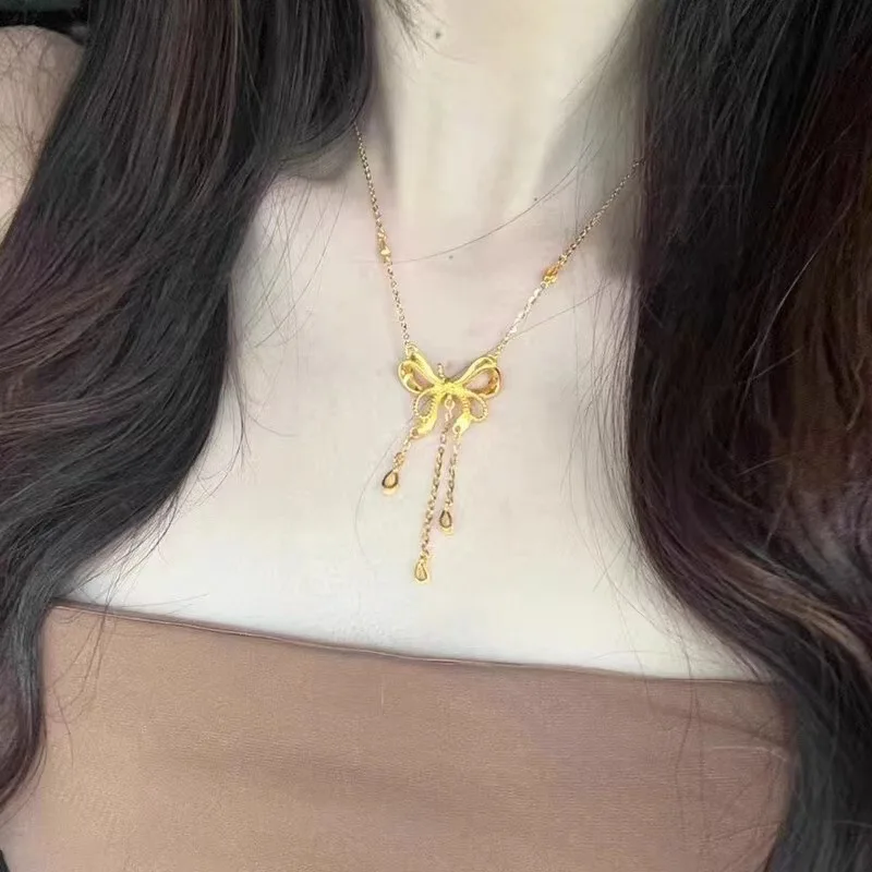 Real 18K Gold Bow Pendant for Woman Luxury AU750 Pendant Necklace Fine Jewelry High-quality Banquet Gift