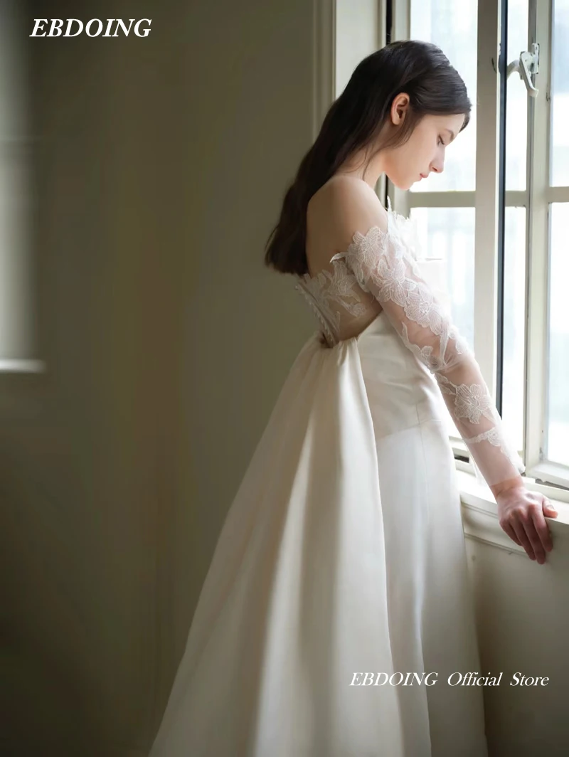 Newest Wedding Dress A-Line Satin Boat Neck WIth Detachable Lace Sleeves Off The Shoulder Vestidos De Novias 2024