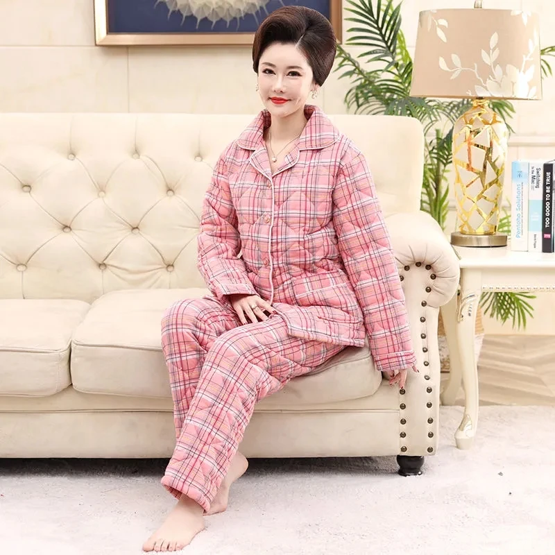 Plaid Pajamas Women Winter Warm Suits Coral Fleece Three-Layer Quilted Mid-Aged Mother Thicken Flannel Warm Jacket Home Service