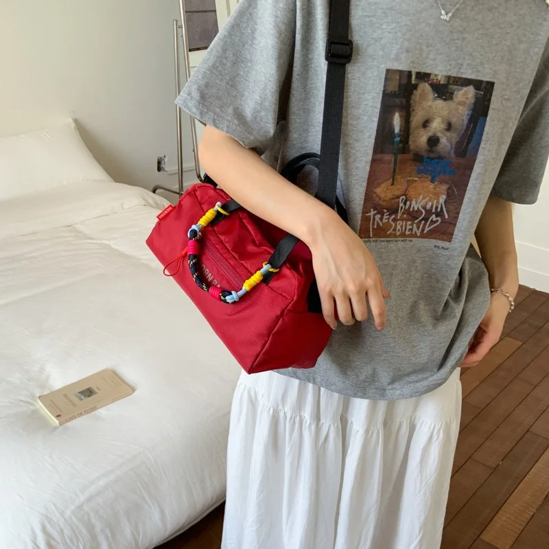 

Colorful Woven Strap Neon Yellow Canvas Boston Bag, Women's Multi-Pocket Shoulder Crossbody Bag, Lightweight Casual Handbag for