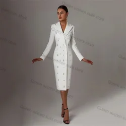 Crystals White Women Suit Skirt 1 Piece Long Blazer Formal Office Lady Jacket Coat Luxury Cotton Outfit Prom Dress Custom Made