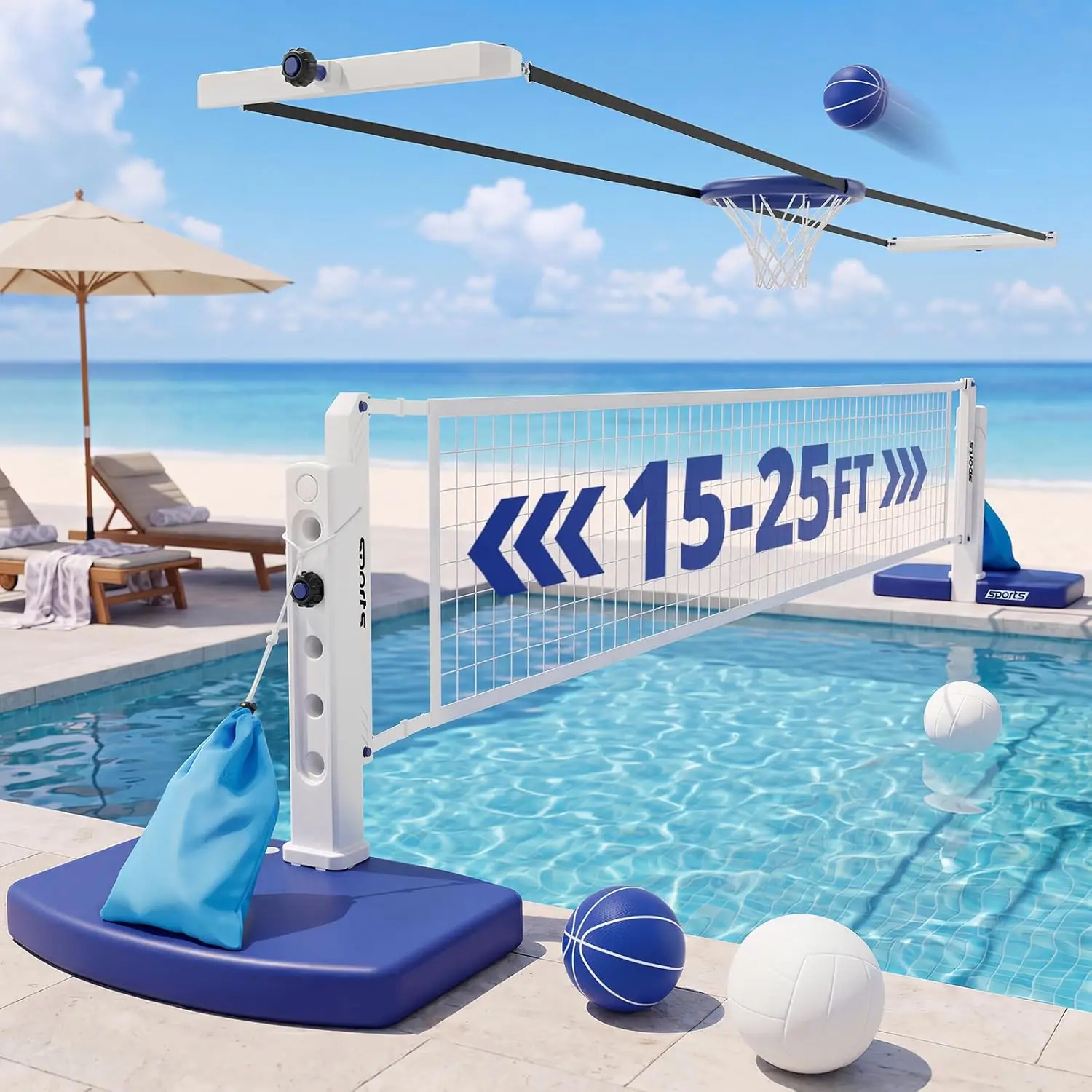 

Swimming Pool Volleyball and Basketball Combo Set, Adjustable Poolside Net for Inground Pools, Summer Outdoor Water Game Toy for Kids, Teens, and Adults - 2-in-1 Fun