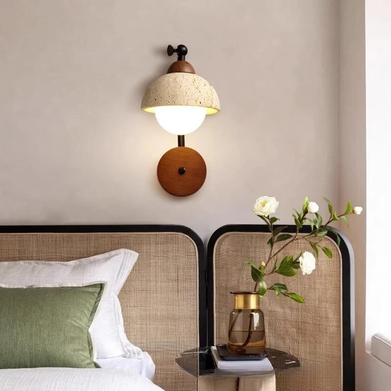 Japanese cream bedroom bedside wall lamp yellow travertine comes with switch wabi sandy wind background wall lamp