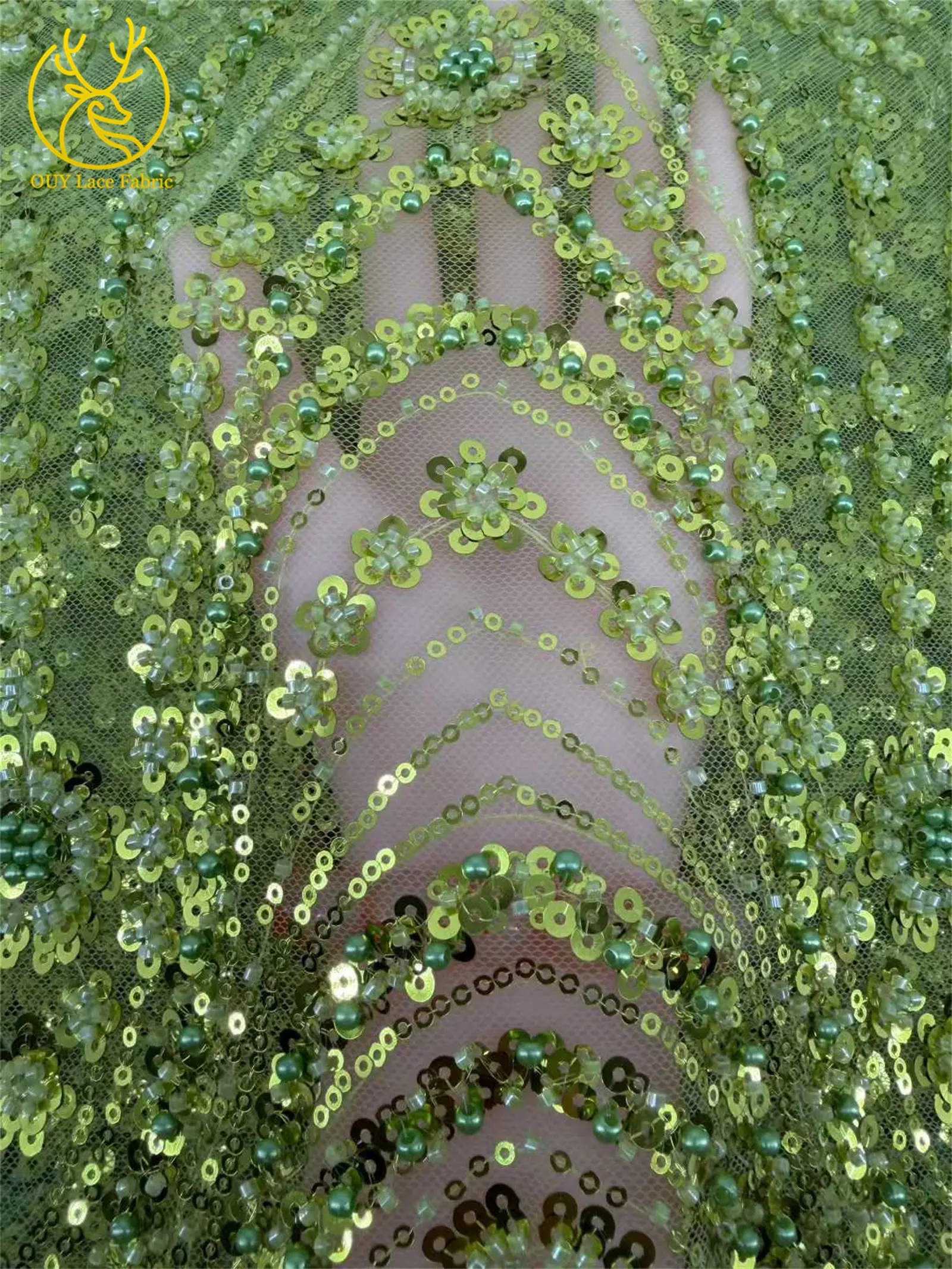 Green African Beaded Lace Fabric 2026 Wholesale Hot Sale in Nigeria Sequin Lace Fabric Lace Fabric for Women's Party Dresses 5Y