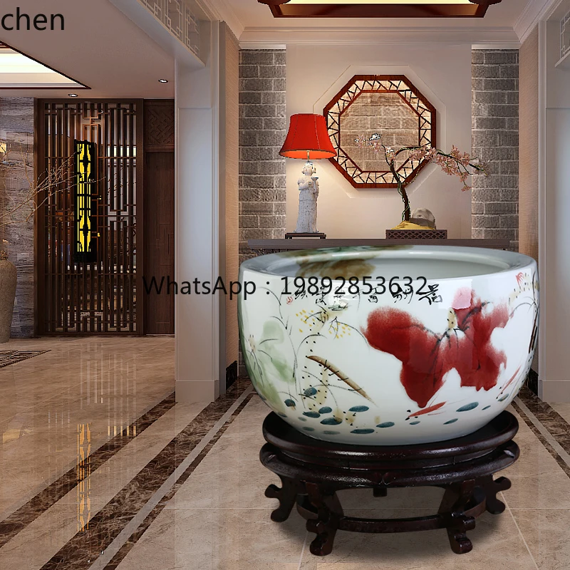 ABB  ceramic goldfish turtle tank fish pot household living room blue and white porcelain extra large lotus water lily tank
