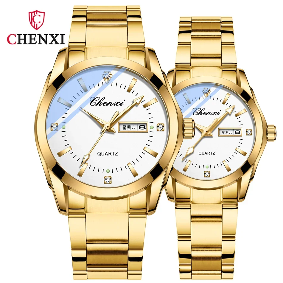 CHENXI 022G Couple Quartz Watch For Women Men Diamond Stainless Steel Date Lover Simple Leisure Fashion Gold Clock Wristwatch