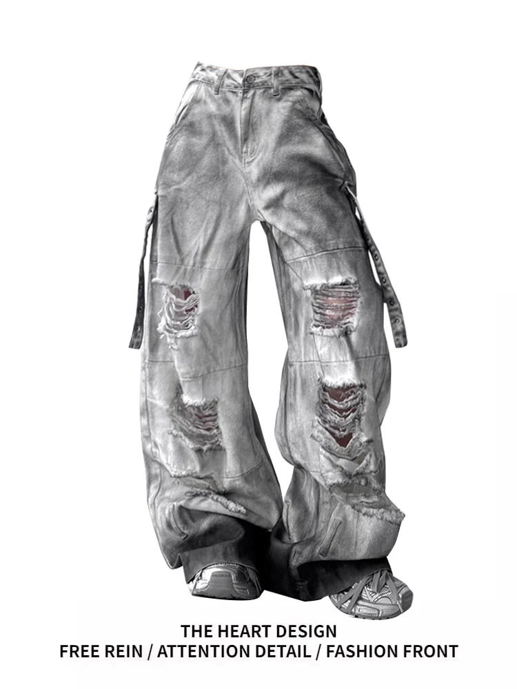 

Waed American Streetwear Sle Straight Leg Jeans Women's Summer 2025 New Spray Ink Dir Multi-ket Wide Leg Pants