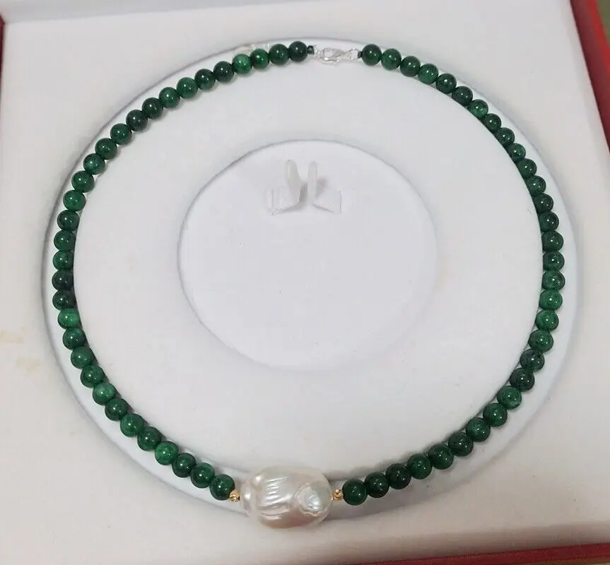 Natural 6mm Emerald Round Beads 15*20mm White Baroque Pearl Necklace 18