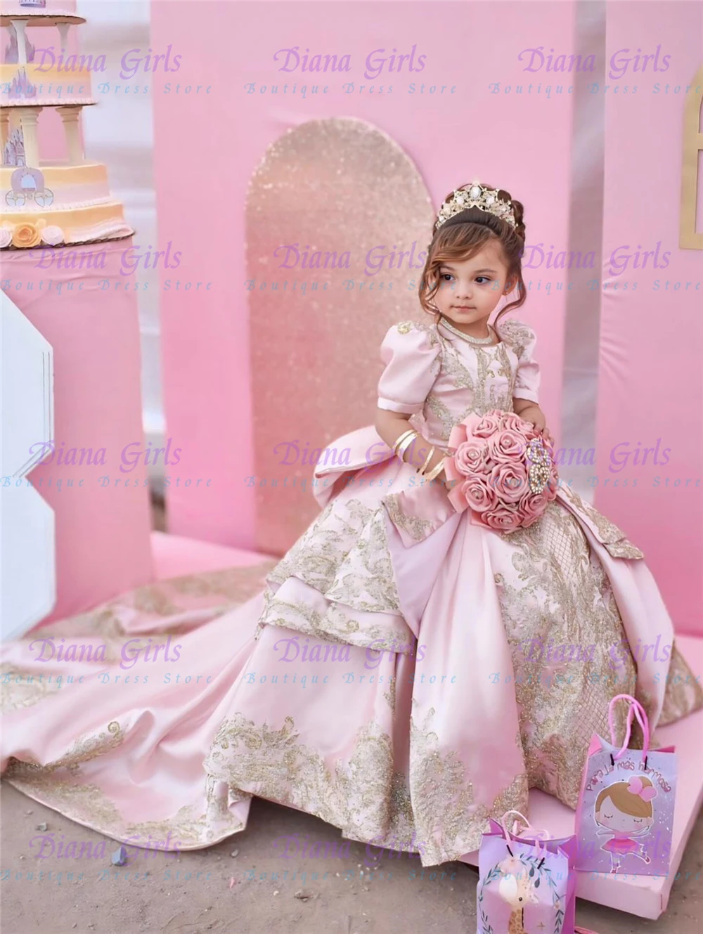 Elegant Pink Satin Fluffy Flower Girl Dress Quality Gold Lace Appliques For Wedding Kids Birthday Party Evening Customised Gowns