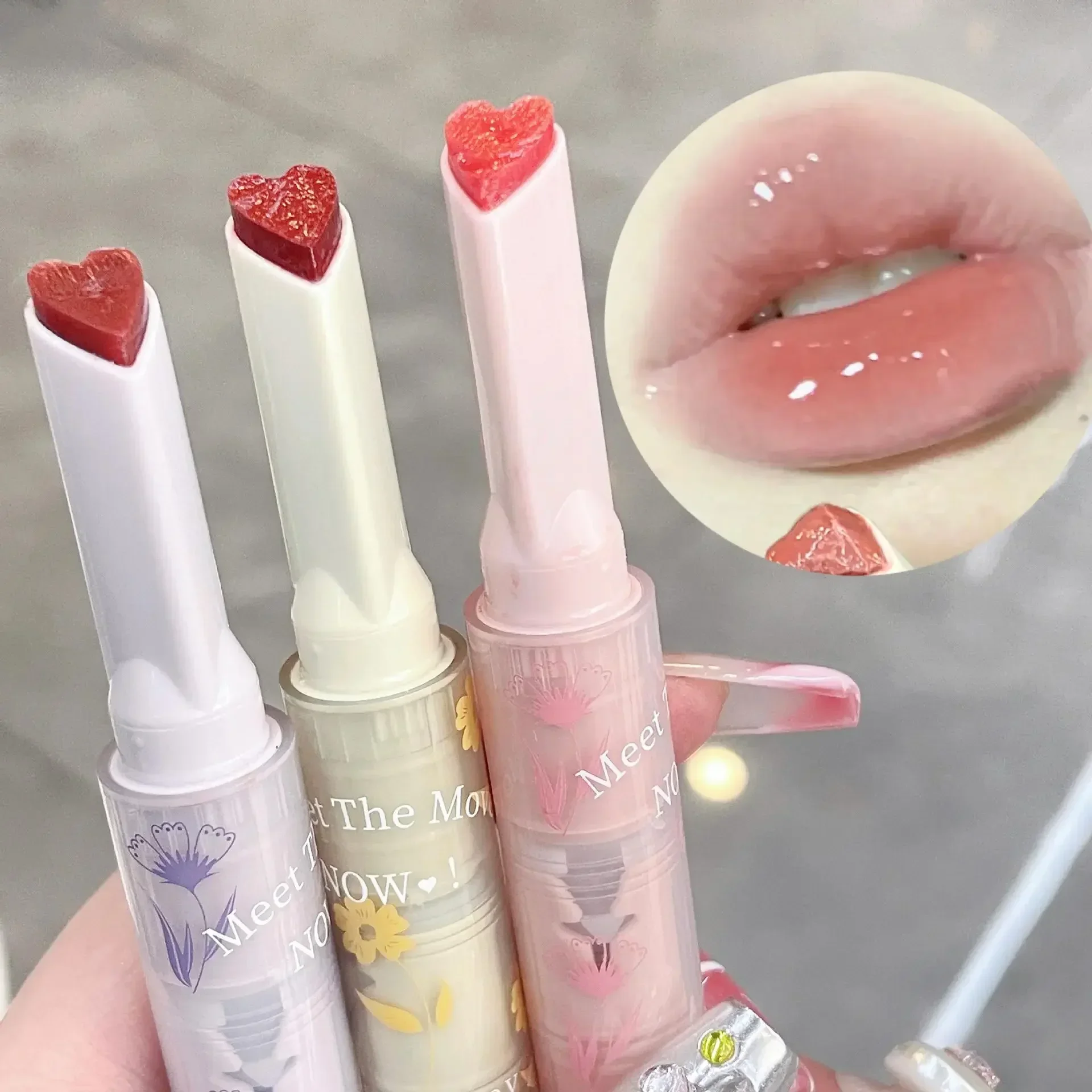 Jelly Lip Glazuur Bloem Spiegel Water Lippenstift Hartvormige Lipgloss Hydraterende Lippenstift Pen Waterdichte Anti-Aanbaklaag Cup Koreaans