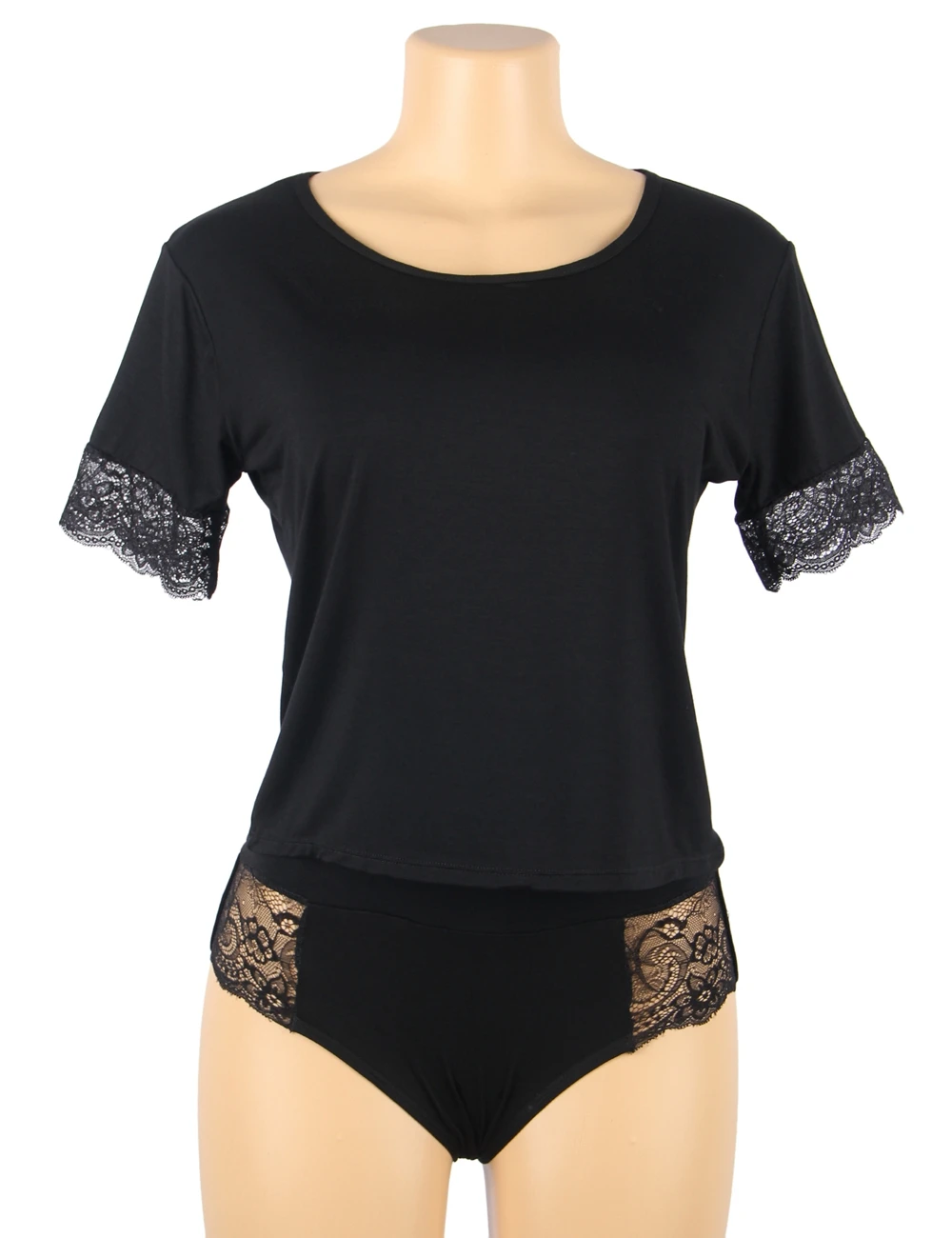 Ohyeahlady Women Floral Lace Pajamas Set Black Modal 2 Pieces Top and Panties Sleepwear Short Sleeve Plus Size Sexy Lingerie Set