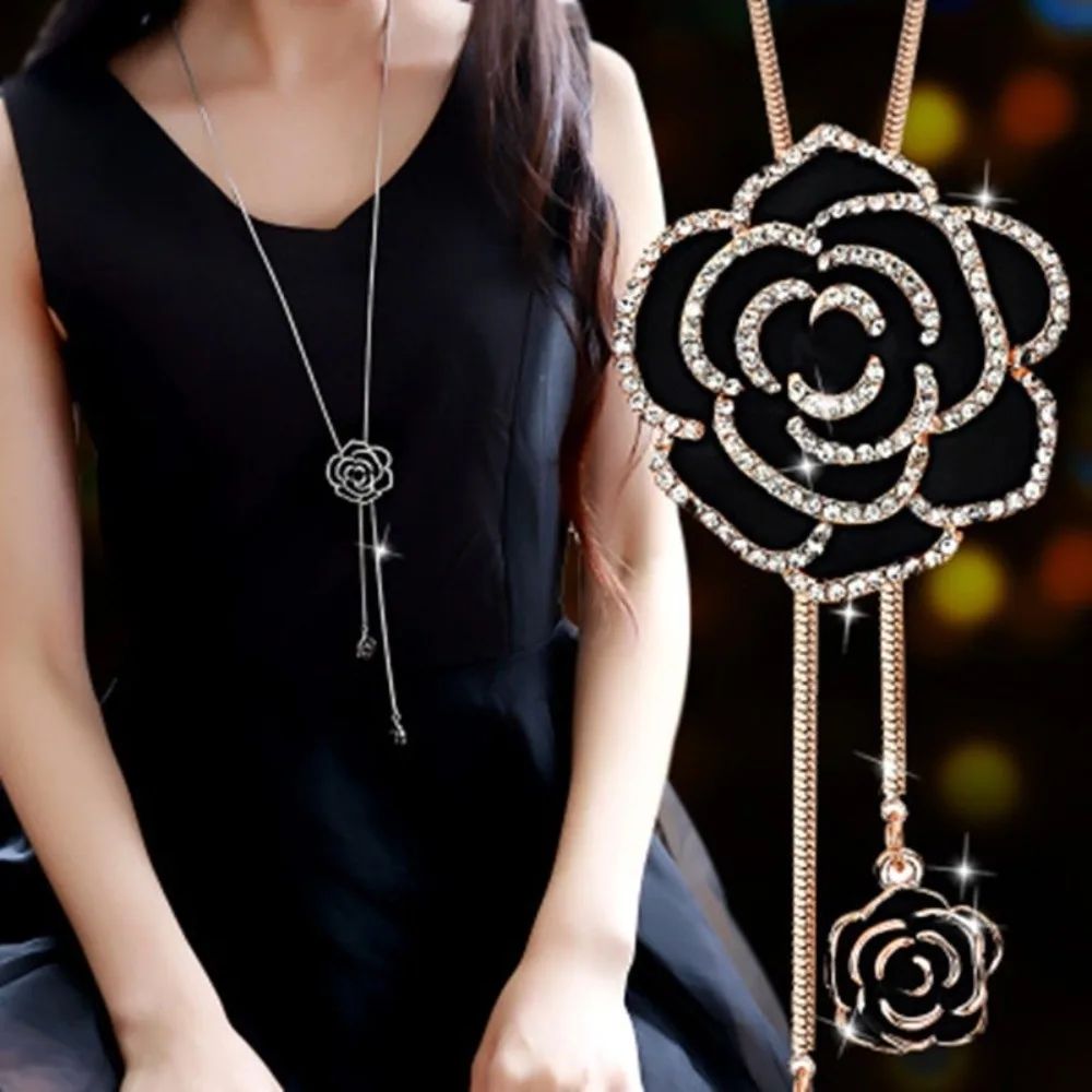 

Geometric Rose Flower Black Necklace Rose Gold Silver Rhinestone Necklace Black Jewelry Accessorie Clavicle Chain Travel