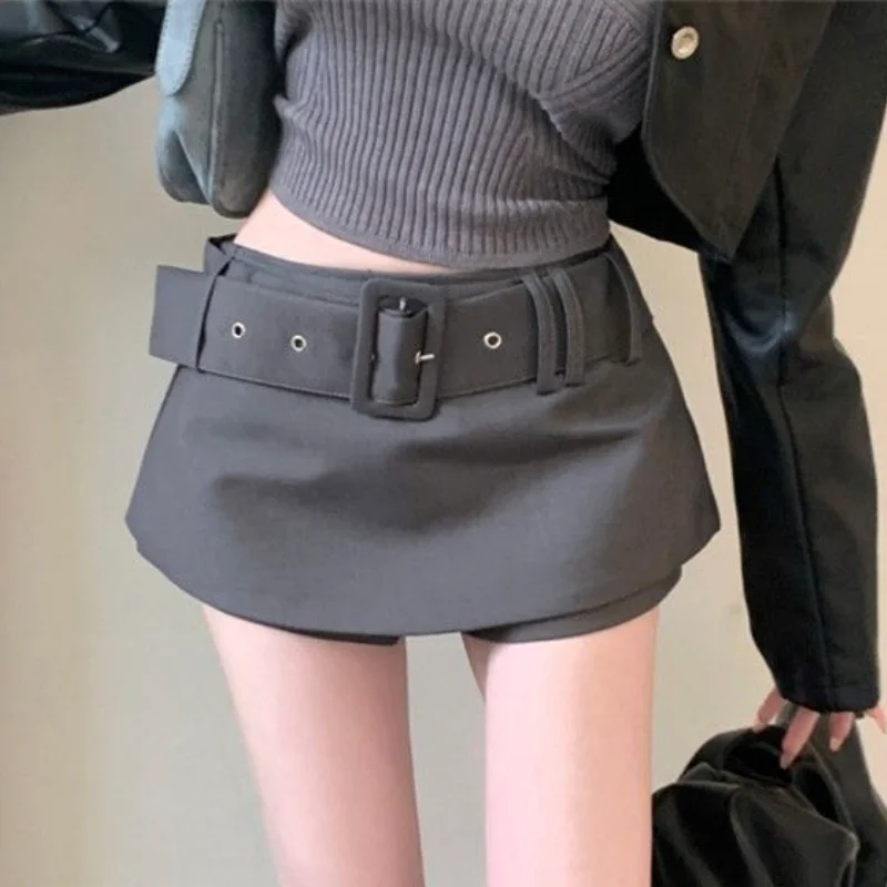 

High Waist Mini Skirt with Wide Belt Detail Built In Shorts Y2K Streetwear A Line Short Skirt
