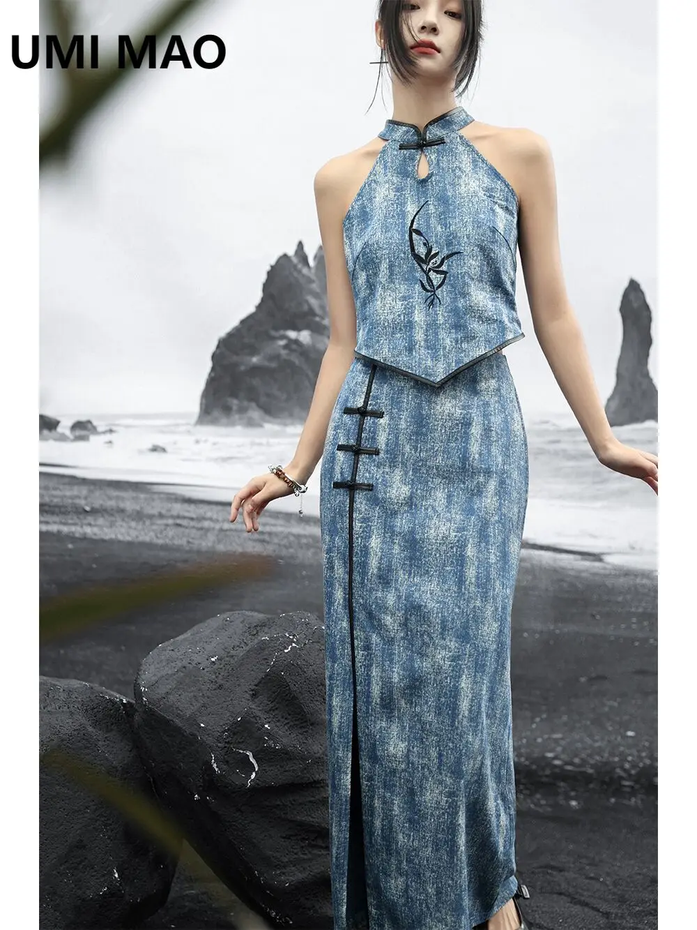 

UMI MAO New Chinese Style Leather Pan Button Half Skirt Women's Summer Chinese Style Blue High Waist Show Thin Long Skirt