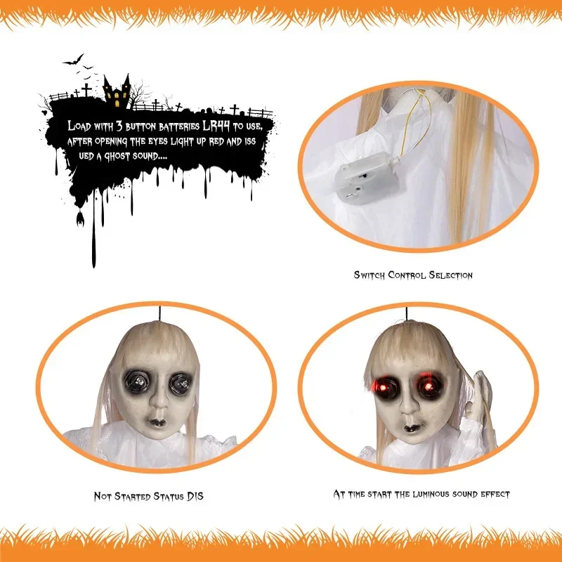 Halloween Animatronic Hanging Ghost Decor with Motion Sensor Light and Sound Scary Witch Prop for Haunted House Party Decoration