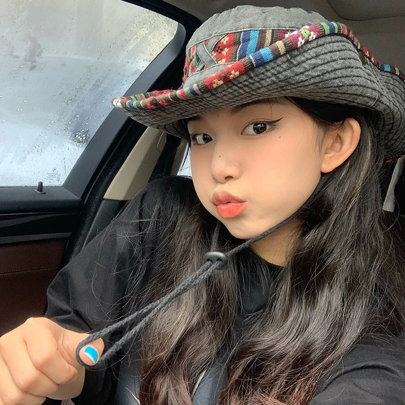 Ethnic Style Travel Bucket Hat Drawstring New Unisex Retro Sunshade Outdoor Breathable Niche Versatile Casual Fashion Alpine Cap