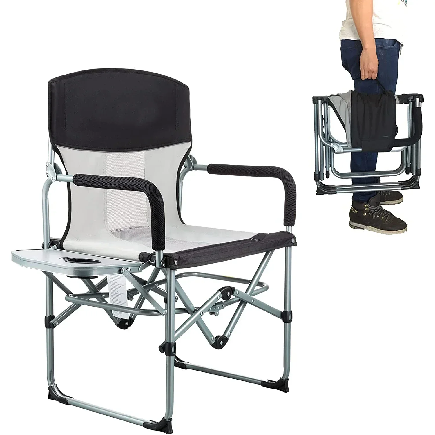 Folding Camping Chair, Heavy Duty Portable Directors Chairs for Adult with Side Table Mesh Back Compact Style for Outdoor