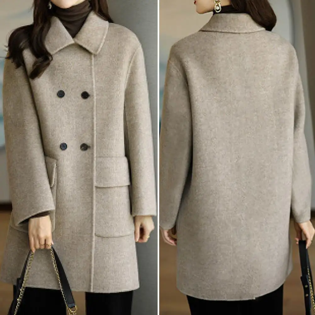 

Women Overcoat Solid Color Long Sleeves Lapel Mid-length Cardigan Keep Warm Double-breasted Temperament Thicken Lady Winter Coat