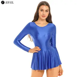 Womens Glossy Long Sleeve Ballet Dance Dress Skirted Leotard Gymnastics Bodysuit Ballerina Dancewear Stage Performance Costume