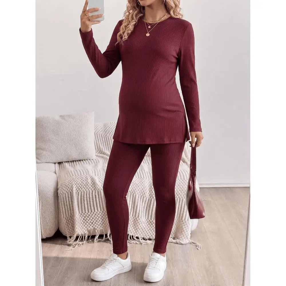 2-piece set, pregnant women with pockets, knitted trousers, top set, autumn and winter women's casual and comfortable maternity clothes.