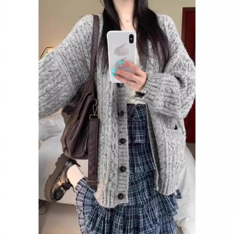 

Свитер с v-образным вырезом для девочек, вязаный кардиган, пуловер с капюшоном, утепленный женский осенне-зимний корейский стиль, серый трикотаж на молнии в стиле ретро, топ