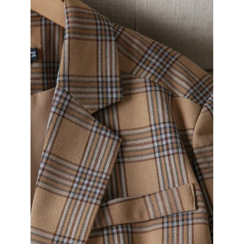 Caffè grigio Plaid donna Casual Blazer cappotto femminile manica lunga monopetto giacca allentata per ufficio donna abbigliamento da lavoro