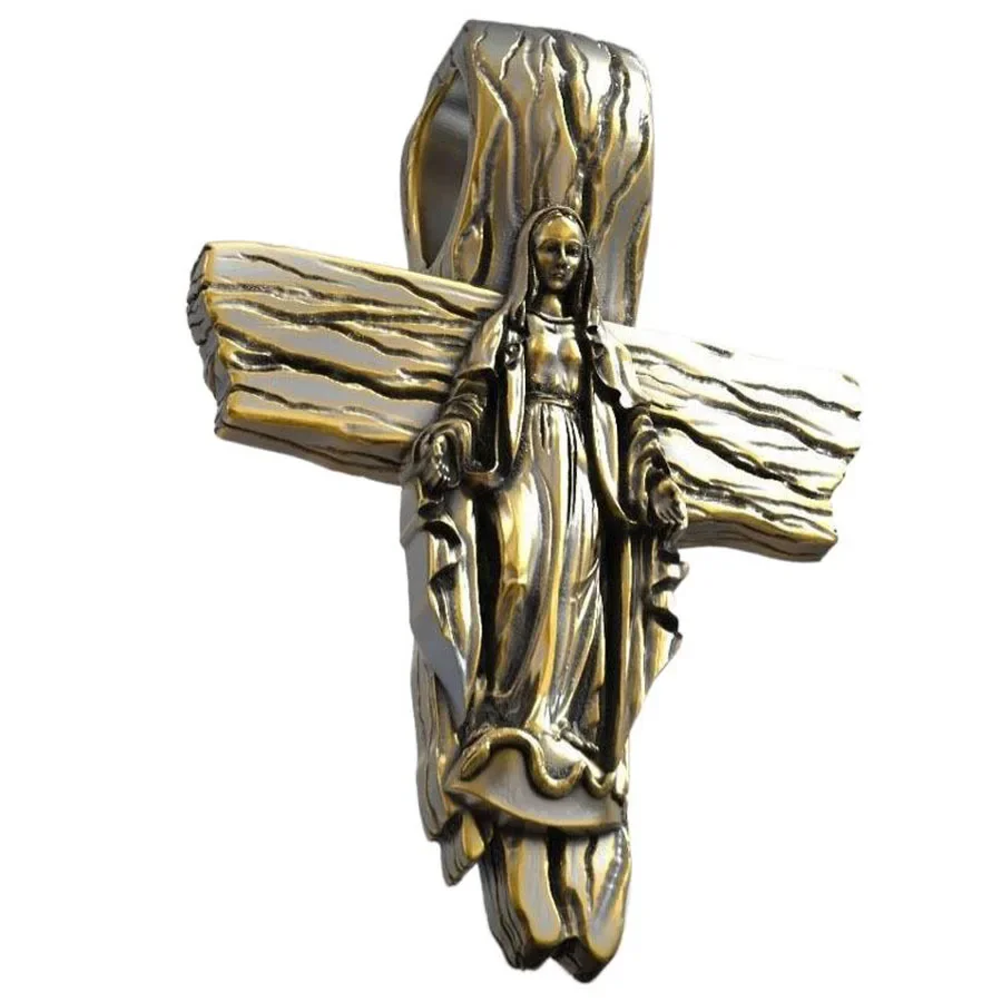 

14g 3D Blessed Virgin Mary Wooden Gold Cross Catholic Pendant Customized 925 Solid Sterling Silver Pendant