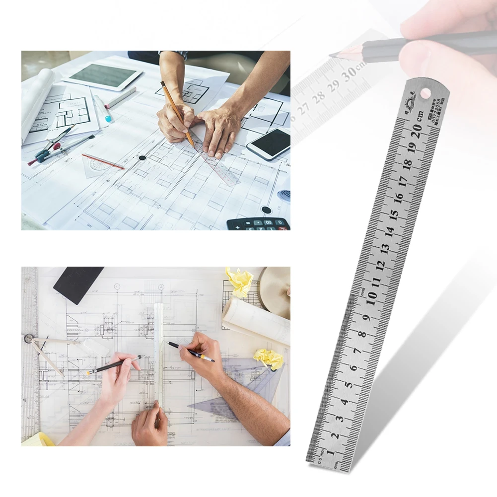 Stainless Steel Double Side Scale, Metal Straight Ruler, ferramenta de medição de precisão para estudantes, artigos de papelaria para estudantes, 15-50cm