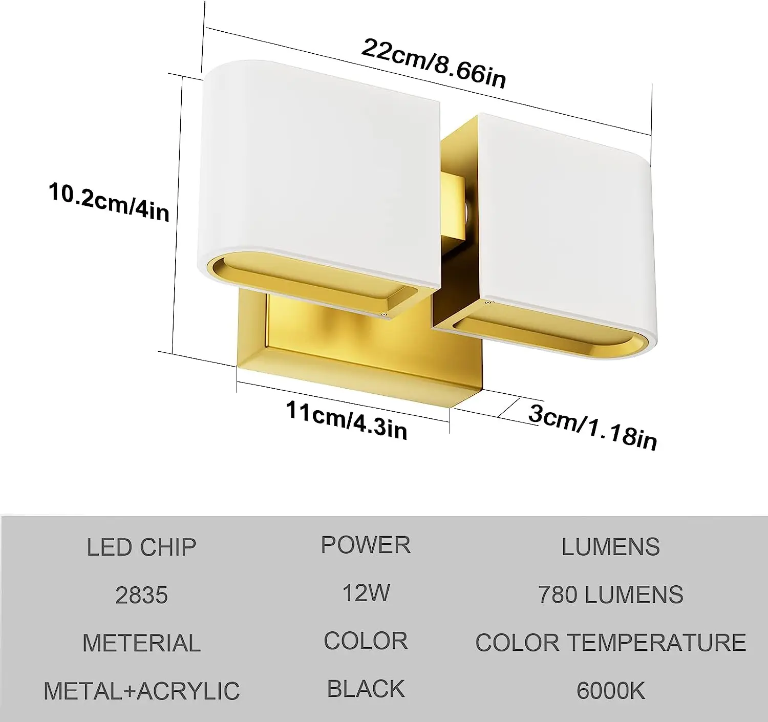 12W, 3000K LED Cold White Acrylic Matte Black Wall Lamp, 360° Rotatable Joint, Hard Line Wall Lamp, For Corridors, Bedrooms