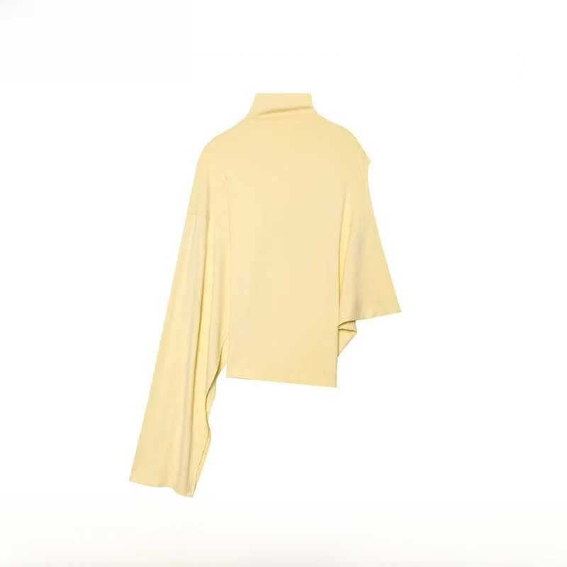 Nova Blusa Feminina Assimétrica Drapeada Primavera Verão, Estilo ZR, Manga Longa, Gola Alta, Comprimento Regular, Versátil e Elegante