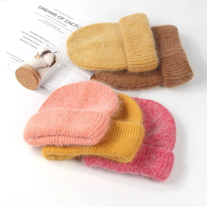 

Casual Women's Hats Rabbit Fur Winter Cap Cashmere Wool Knitted Beanies Autumn Winter Brand New Ladies Thick Skullies Beanies