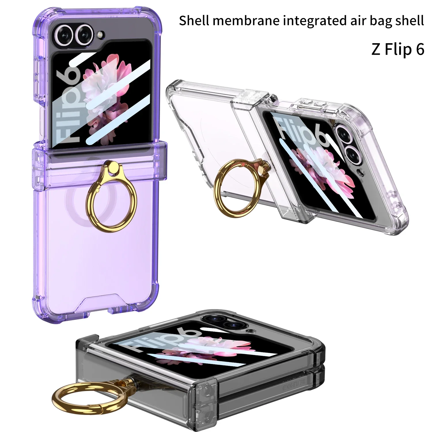 

For Samsung Galaxy Z Flip 6 Case Transparent Silicone Four Corner Shockproof Folding Hinge Ring Bracket With Mirror Film Cover