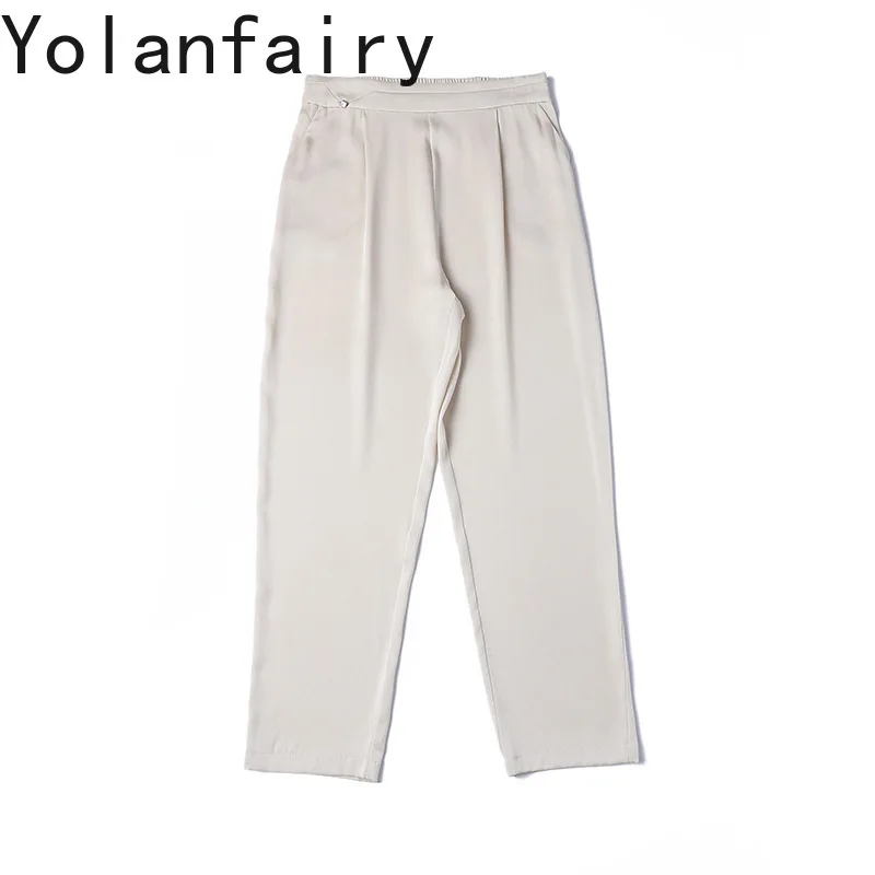 

YOLANFAIRY 95% Real Mulberry Silk Pants Woman Clothing Summer Fashion Harem Pants Women's Trousers Ankle-length ropa de mujer