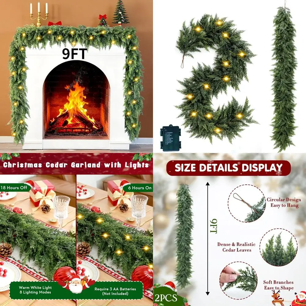 

Realistic Faux Pine Christmas Garland with Lights, 9 Feet Artificial Cedar for Holiday Decor, Mantle, Fireplace, Stairs, and Tab