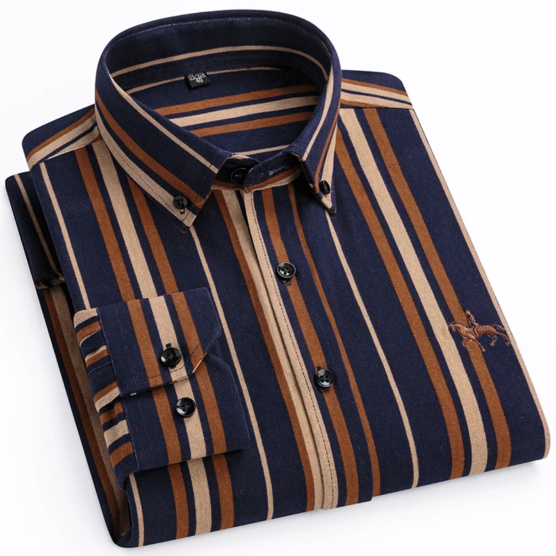 

Mens 100% Cotton Oxford Long Sleeve Shirts 2024 Classic Striped Embroidery Casual Shirt Standard Fit Button Down Workwear Shirts