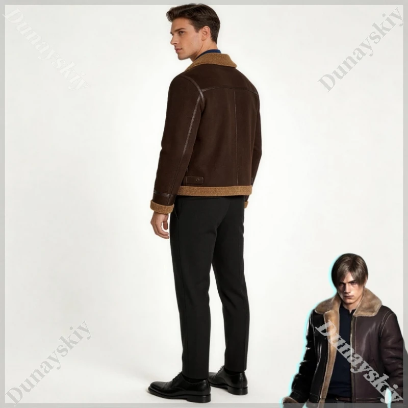 

Leon Scott Kennedy Vintage Biker Style Shearling Collar Jacket Faux Suede Leather Outfit Daily Casual Wear Halloween OutfitRREE4