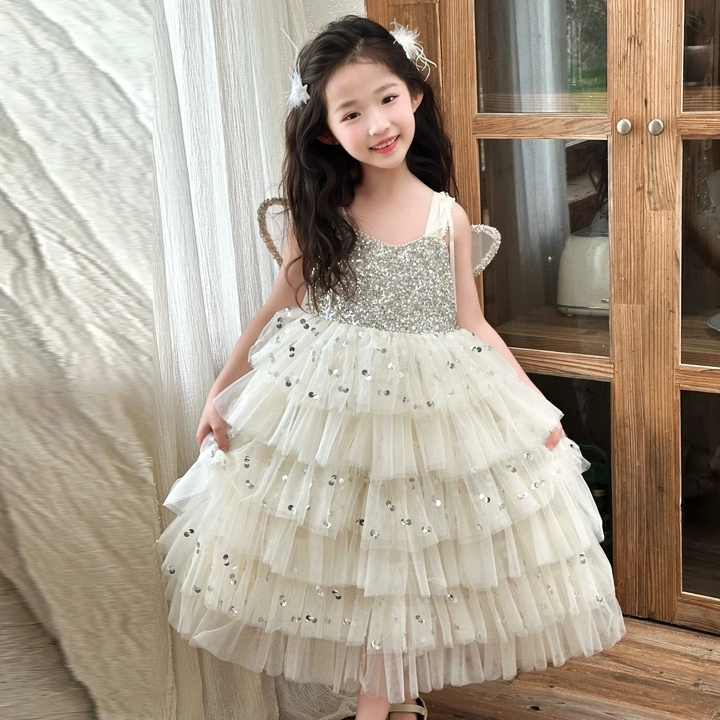 2026 Spring Summer Girls TUTU Mesh Dress Sleeveless Girls Sequin Strap Dress Princess Dress