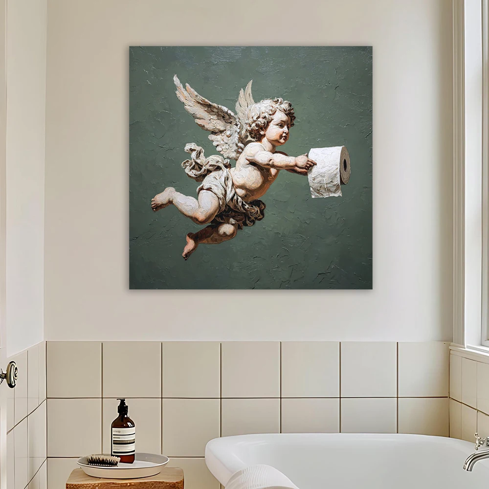 Whimsical Cherub with Paper Prints Angel Canvas Wall Art Poster Fun Bathroom Decoration Classic Sculpture Print Toilet Decor