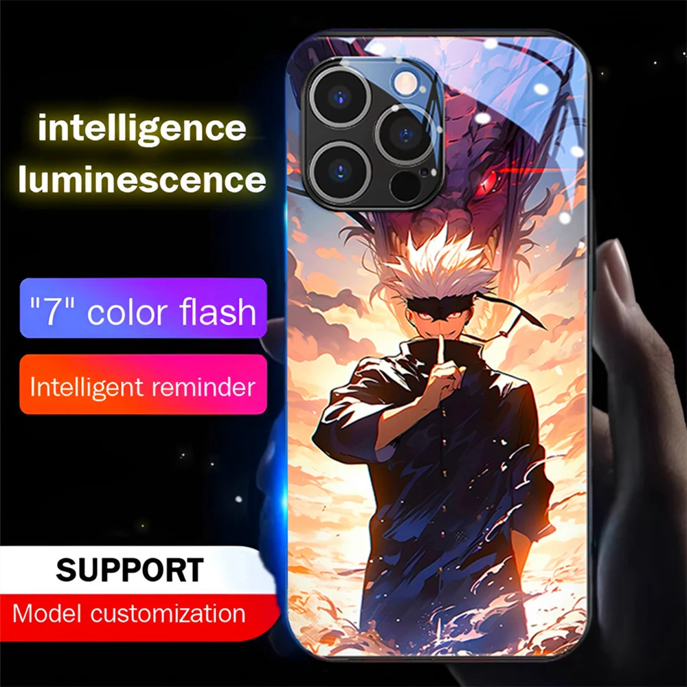 Japanese Anime Characters Smart LED Light Glow Glass Phone Case For iPhone 16 15 14 13 12 11 Pro Max XR XS Plus 7 8 SE2020