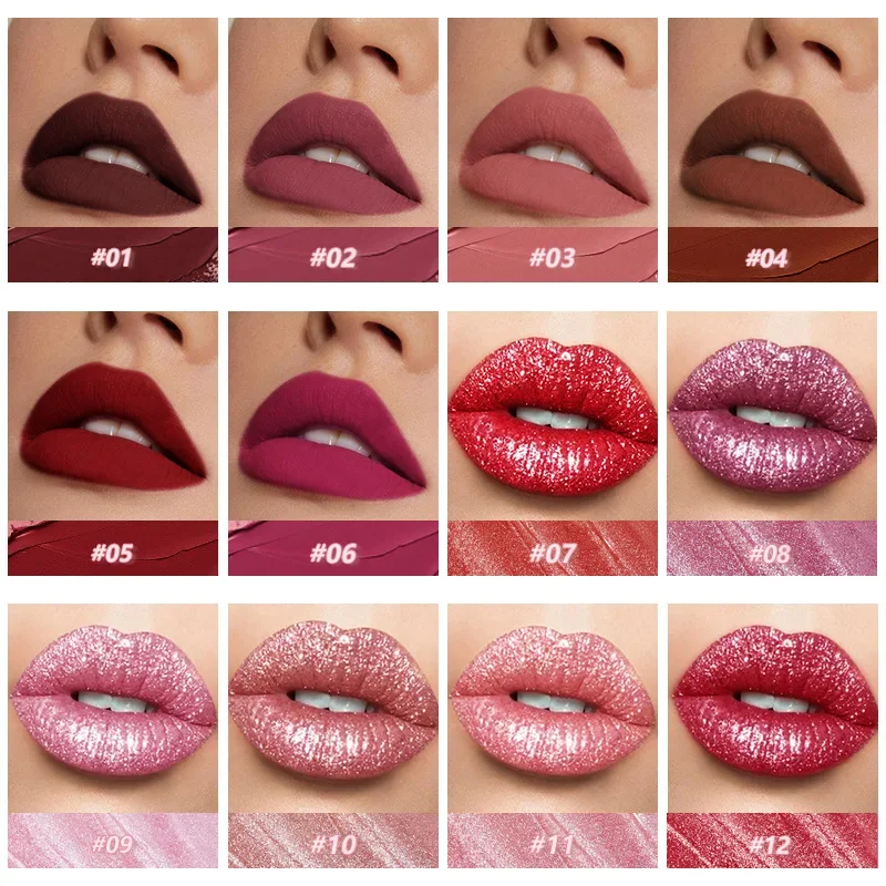 Pudaier-Juego de lápices labiales con brillo de labios, 12 colores, mate, perla, líquido desnudo, maquillaje antiadherente, taza, brillo de labios, cosméticos