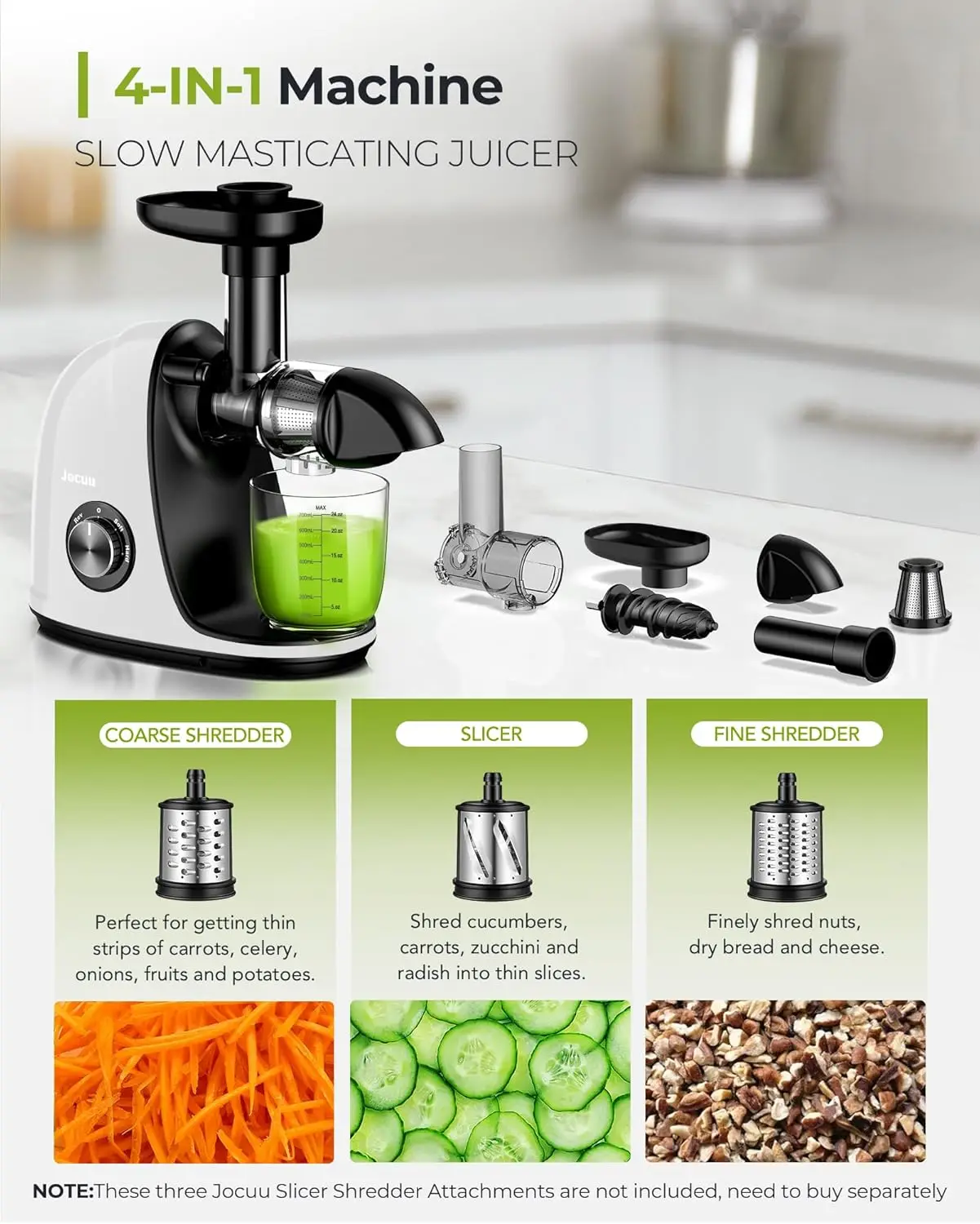 Jocuu Slow Masticating Juicer with 2-Speed Modes - Cold Press Juicer Machine - Quiet Motor & Reverse Function - Easy to Clean