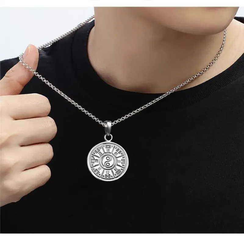 999 Pure Silver Eight Trigrams Coin Pendant Vintage Style Blessing Unisex Adjustable Necklace Peace Tai Chi Charm Jewelry Gift