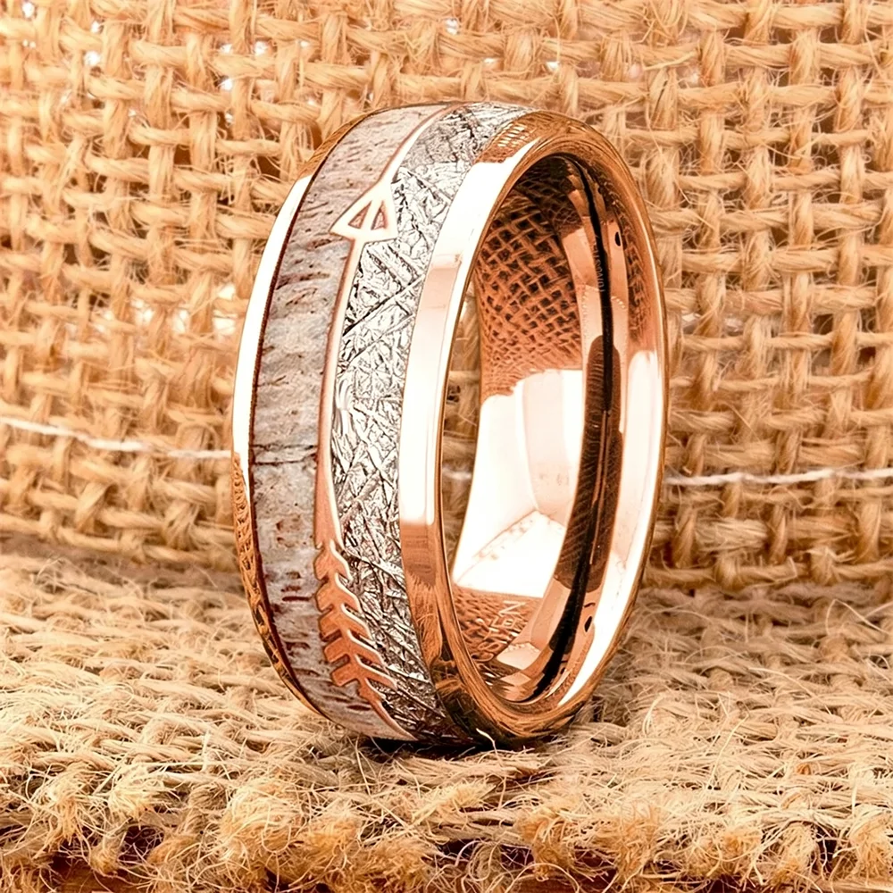 Fashion 8mm Men Stainless Steel Rings Rose Gold Color Brushed Deer Antler And Meteorite Arrow Rings for Men Wedding Band Jewelry