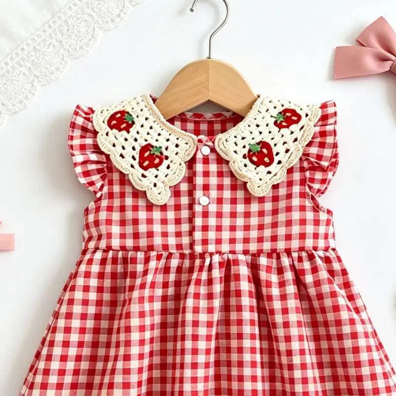 Vestido de Verano para Niña, Vestido de Algodón a Cuadros Rojos, Lindo Vestido de Playa con Solapa de Fresa para Niña