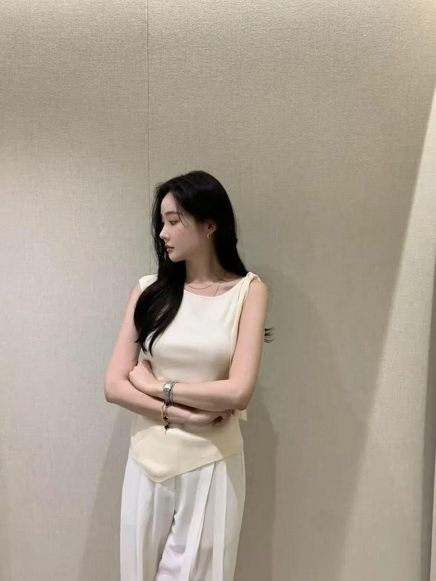 Elegant Asymmetric Shoulder Slip Knot Knitted Vest Women Summer Pure Desire Bare Shoulder Sleeveless Slim Fit T-Shirt - view 3