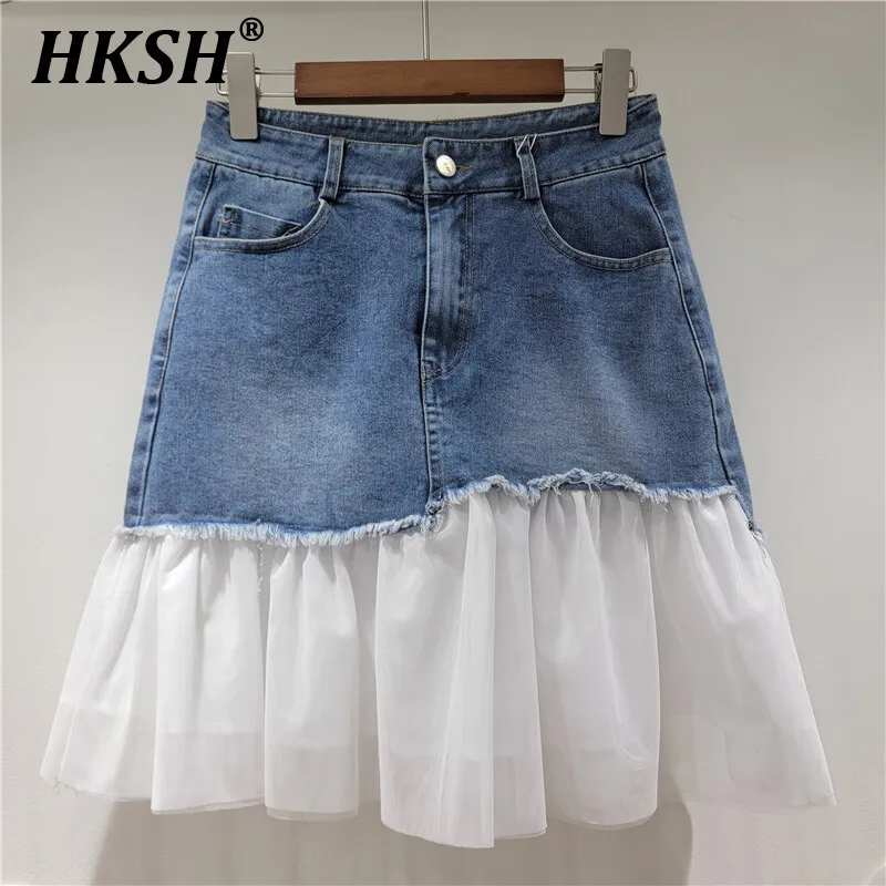 

HKSH Summer New Women Tide's Y2K Chic High Street Trendy Denim Patchwork Mesh High Waist Slimming Versatile A-line Skirts HK5967