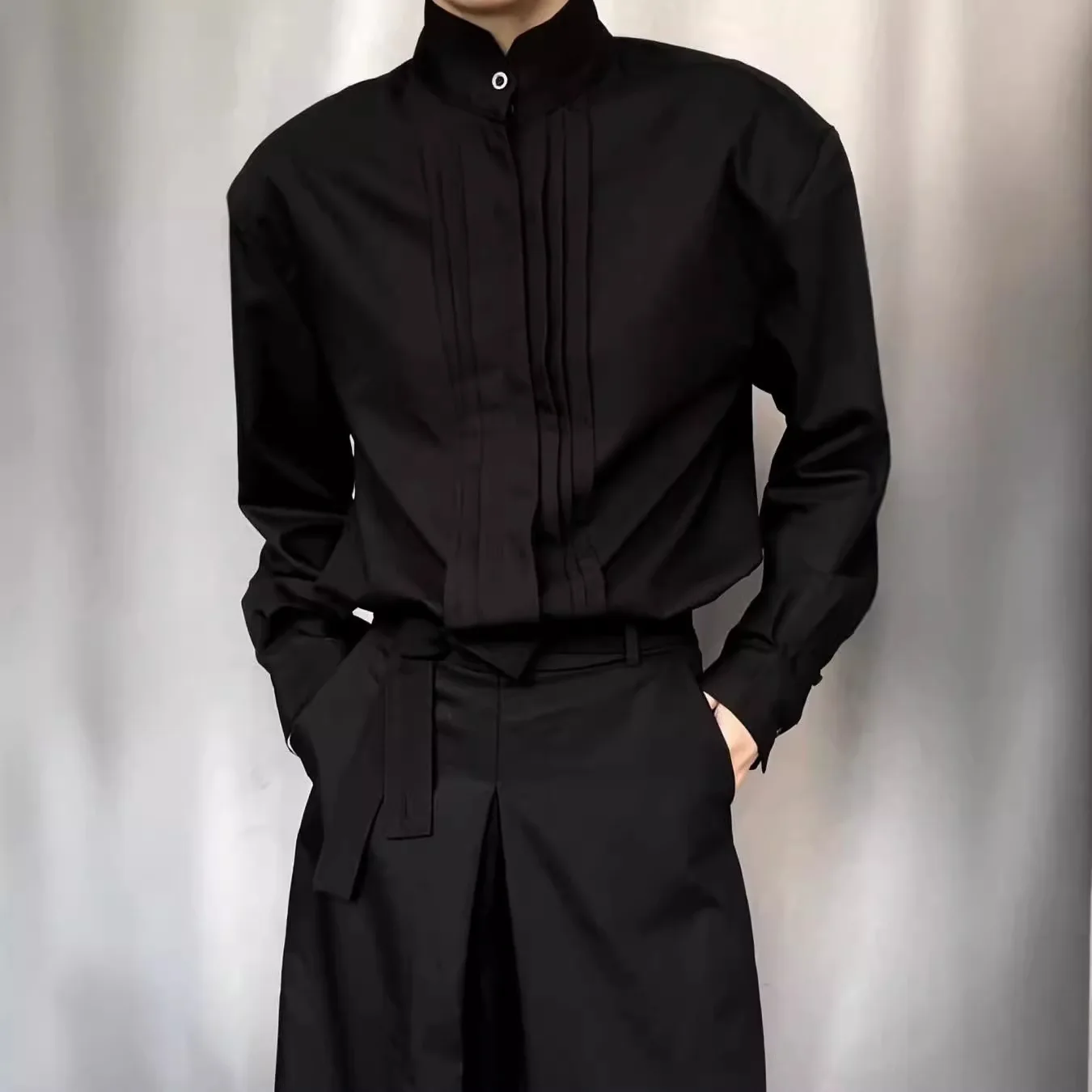 Shirt High-quality Pleated Shoulder Pad Coat Men Shirts Worn Inside Suits Fashionable Personality Solid All-matching Loose